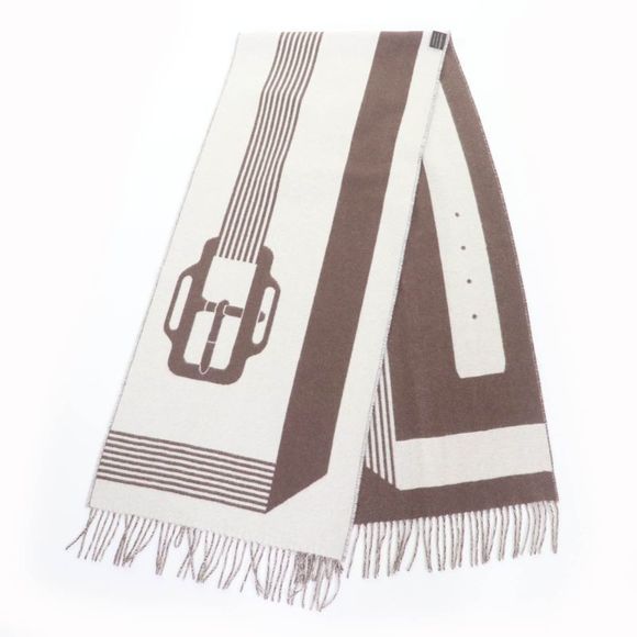 Hermes Sangre A Bucle 100% Cashmere Brown/ivoir Fringed Bicolor Scarf With Box - Picture 5 of 11